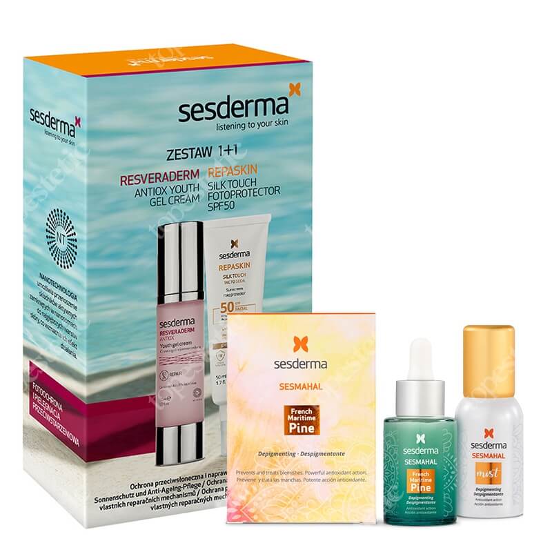 Sesderma Repaskin Silk Touch SPF 50 + Resveraderm Youth Gel Cream + Sesmahal French Maritime Pine + Sesmahal Mist ZESTAW Krem liposomowy SPF 50 50 ml + Krem-żel przeciwstarzeniowy 50 ml + Serum na przebarwienia 30 ml + Mgiełka 30 ml