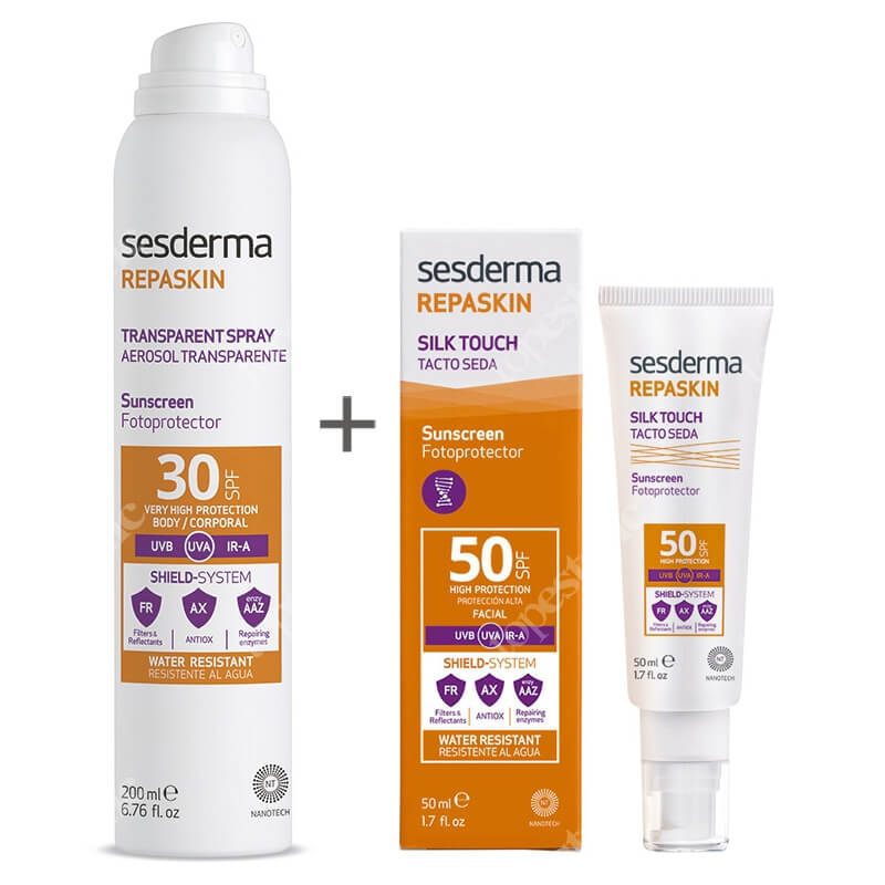 Sesderma Repaskin Silk Touch SPF 50 + Transparent Spray Aerosol SPF 30+ ZESTAW Krem liposomowy SPF 50 50 ml + Spray przeciwsłoneczny do ciała 200 ml