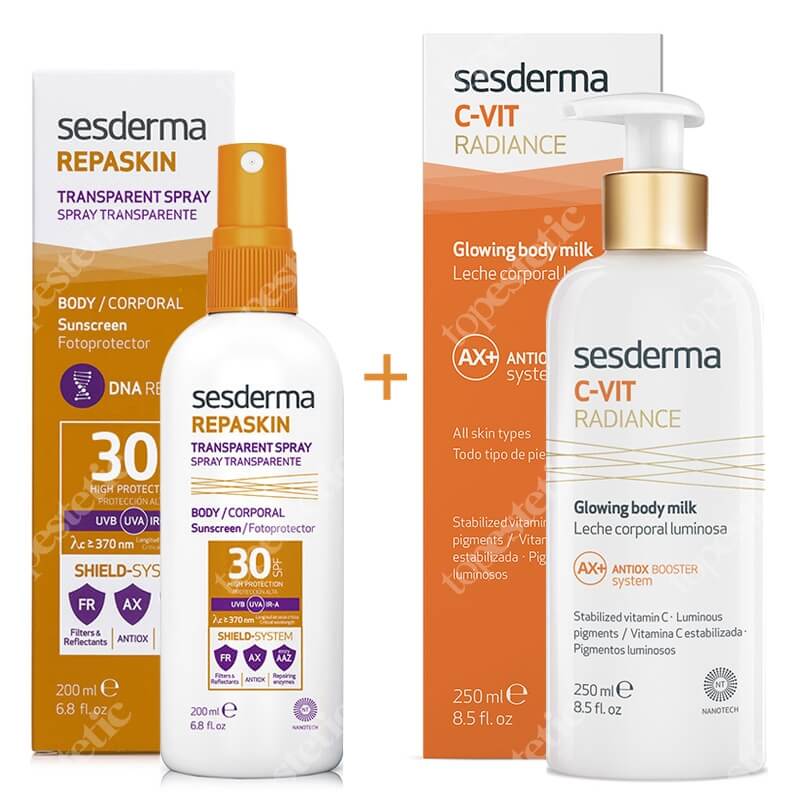 Sesderma Repaskin Transparent Spray + C-VIT Radiance Glowing Body Milk ZESTAW Wysoka ochrona przeciwsłoneczna SPF 30 200 ml + Rozświetlające mleczko do ciała 250 ml