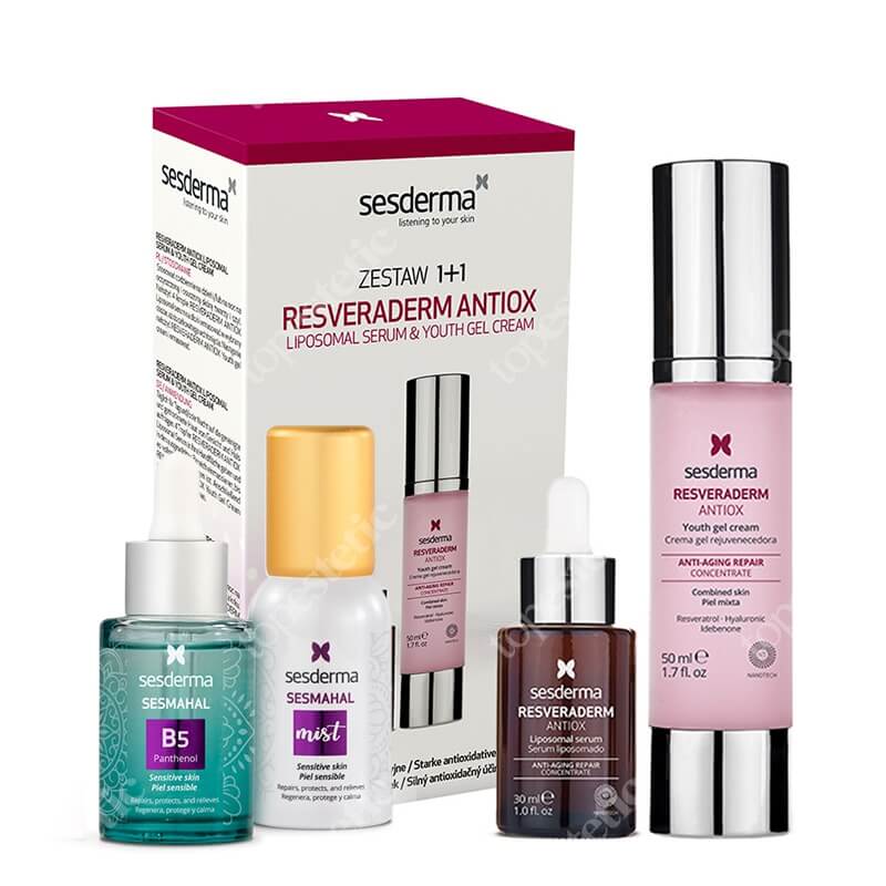 Sesderma Resveraderm Liposomal Serum + Resveraderm Youth Gel Cream + Sesmahal B5 - Panthenol + Sesmahal Mist ZESTAW Serum liposomowe przeciwstarzeniowe 30 ml + Krem-żel przeciwstarzeniowy 50 ml + Liposomane serum z witaminą B5, 30 ml + Mgiełka 30 ml