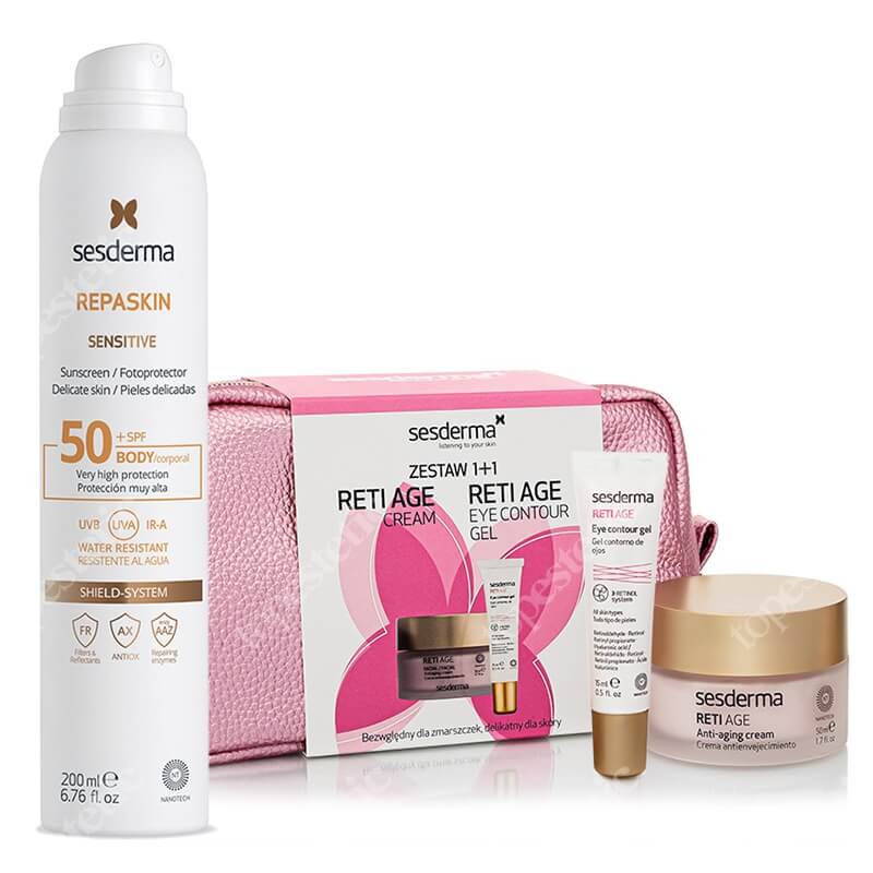 Sesderma Reti Age Cream Anti Aging + Reti Age Eye Contour Gel + Repaskin Aerosol Sensitive SPF 50+ ZESTAW Krem przeciwzmarszczkowy 50 ml + Żel kontur oczu 15 ml + Kosmetyczka 1 szt + Wodoodporny spray z ochroną 200 ml