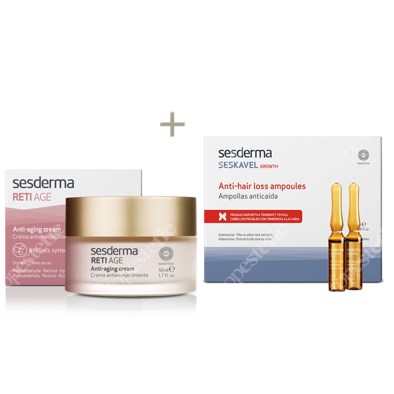 Sesderma Reti Age Cream Anti Aging + Seskavel Anti-Hair Loss Ampoules ZESTAW Krem przeciwzmarszczkowy 50 ml + Ampułki przeciw wypadaniu włosów 12x8 ml
