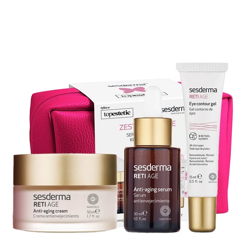 Sesderma Reti Age Pink Set ZESTAW Krem przeciwzmarszczkowy 50 ml + Serum przeciwzmarszczkowe 30 ml + Żel kontur oczu 15 ml + Kosmetyczka 1 szt
