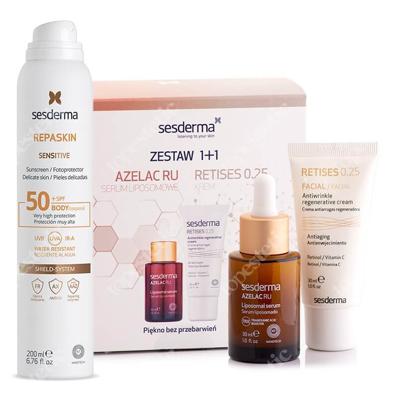 Sesderma Retises 0,25% + Azelac RU + Repaskin Aerosol Sensitive SPF 50+ ZESTAW Regenerujący krem przeciwzmarszczkowy 30 ml + Serum liposomowe 30 ml Kartonik + Wodoodporny spray z ochroną przeciwsłoneczną prze
