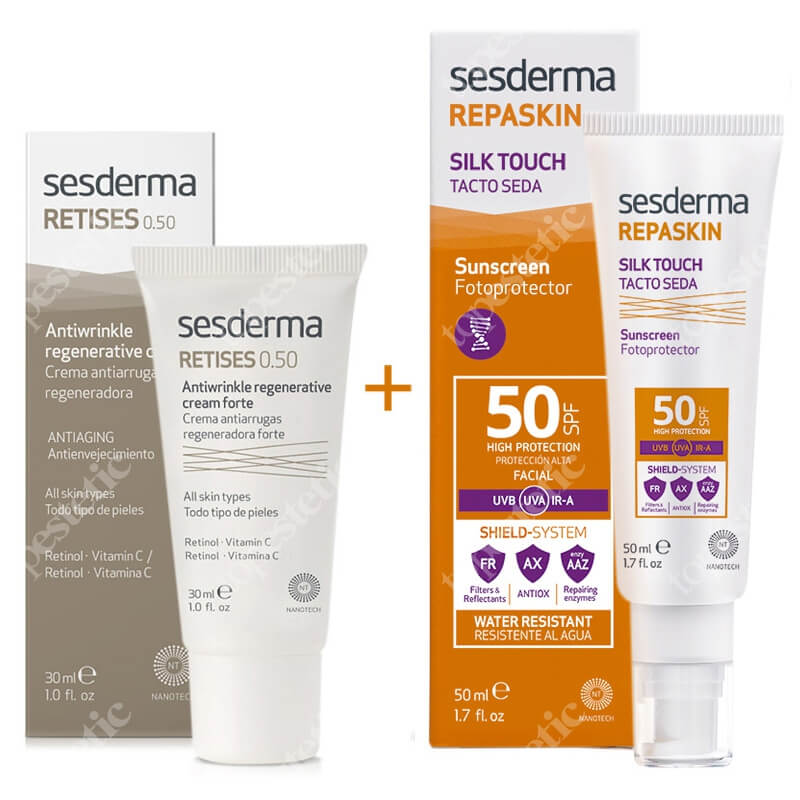Sesderma Retises 0,25% + Repaskin Silk Touch SPF 50 ZESTAW Regenerujący krem przeciwzmarszczkowy 30 ml + Krem liposomowy SPF 50 50 ml