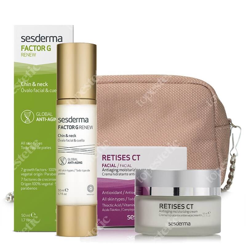 Sesderma Retises CT + Oval Face & Neck - Factor G + Kosmetyczka ZESTAW Nawilżający krem przeciwzmarszczkowy 50 ml + Beżowa błyszcząca 1 szt + Krem na dekolt i szyję 50 ml