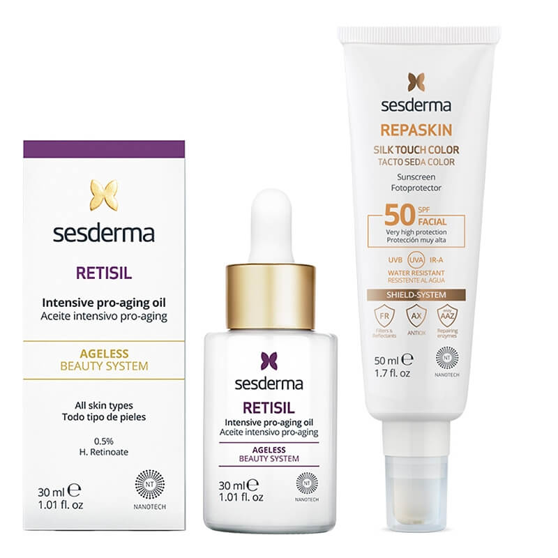Sesderma Retisil Intensive Pro-Aging Oil + Repaskin Silk Touch Color SPF 50 ZESTAW Olejek przeciwstarzeniowy 30 ml + Koloryzujący krem zapewniający wysoką ochronę przeciwsłoneczną 50 ml