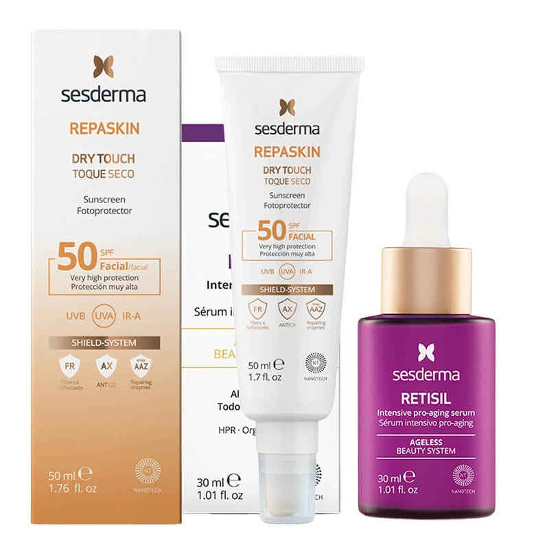Sesderma Retisil Intensive Pro-Aging Serum + Repaskin Dry Touch SPF 50 ZESTAW Intensywne serum ujędrniające 30 ml + Krem ochronny SPF50, 50 ml
