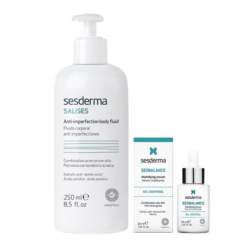 Sesderma Salises Anti - Imperfection Body Fluid + Sesbalance Mattifying Serum ZESTAW Balsam do ciała przeciw niedoskonałościom 250 ml + Serum matujące, regulujące wydzielanie sebum z retinolem 30 ml