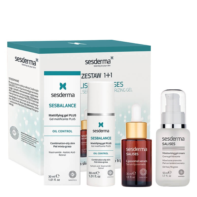 Sesderma Salises Pielęgnacja Skóry Tłustej + Sesbalance Mattifying Gel Plus ZESTAW ZESTAW Krem-żel nawilżający 50 ml + Serum liposomowe 30 ml Kartonik + Żel matujący na noc 30 ml