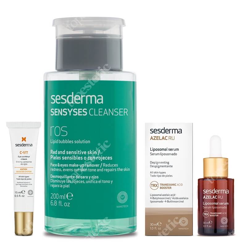 Sesderma Sensyses Cleanser + Azelac RU + C-VIT Eye Contour Cream ZESTAW Płyn oczyszczający do skóry wrażliwej i zaczerwienionej 200 ml + Serum liposomowe 30 ml + Krem pod oczy 15 ml