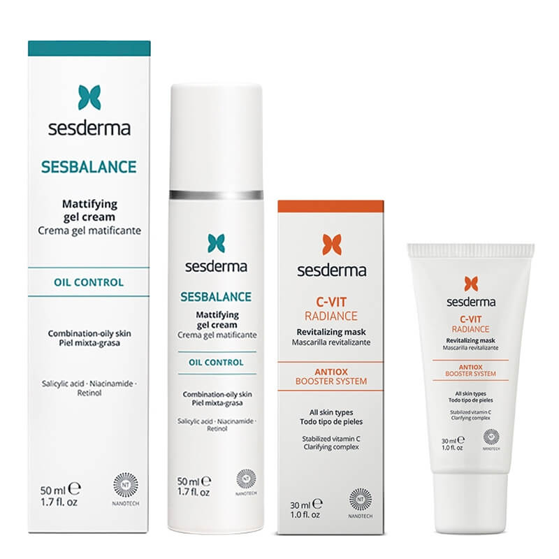 Sesderma Sesbalance Mattifying Gel Cream + C-VIT Radiance ZESTAW Krem-żel matujący do skóry z tendencją do trądziku i błyszczenia z retinolem 50 ml + Rewitalizująca maska 30 ml