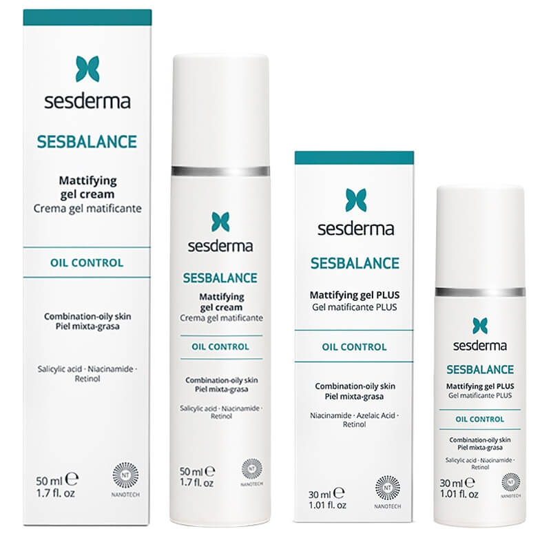 Sesderma Sesbalance Mattifying Gel Cream + Sesbalance Mattifying Gel Plus ZESTAW Krem-żel matujący do skóry z tendencją do trądziku i błyszczenia z retinolem 50 ml + Żel matujący na noc 30 ml