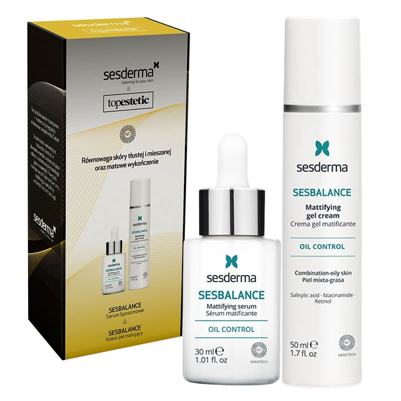 Sesderma Sesbalance Serum + Sesbalance Creme - Gel ZESTAW Pielęgnacja Skóry Tłustej, Mieszanej i Błyszczącej - Serum matujące 30 ml + Krem-żel matujący 50 ml