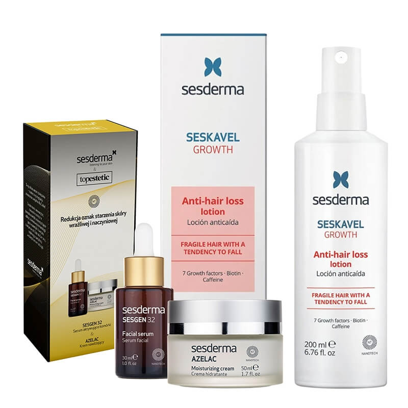 Sesderma Sesgen 32 Serum + Azelac Cream + Seskavel Anti-Hair Loss Lotion ZESTAW ZESTAW Pielęgnacja Przeciwstarzeniowa Skóry Naczyniowej - Serum 30 ml + Krem 50 ml + Emulsja przeciw wypadaniu włosów 200 ml