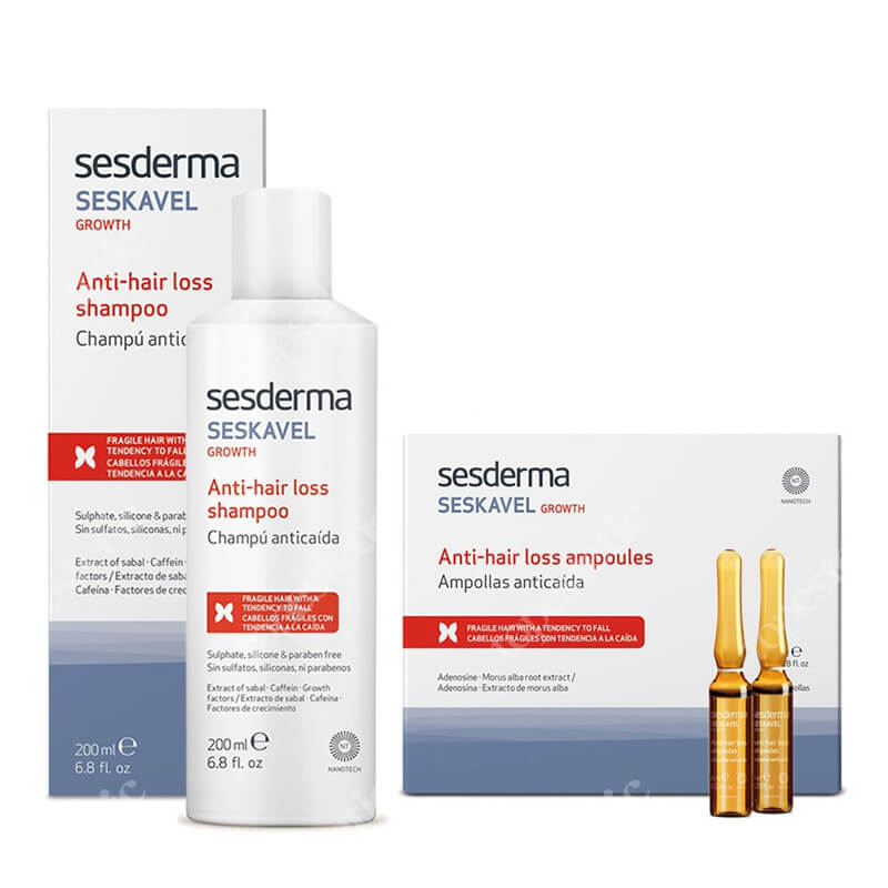 Sesderma Seskavel Anti-Hair Loss Shampoo + Ampoules ZESTAW Szampon przeciw wypadaniu włosów 200 ml + Ampułki przeciw wypadaniu włosów 12x8 ml