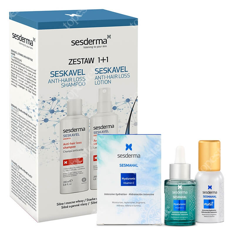 Sesderma Seskavel Anti-Hair Loss Shampoo + Seskavel Anti-Hair Loss Lotion + Sesmahal Hyaluronic + Sesmahal Mist ZESTAW Szampon przeciw wypadaniu włosów 200 ml + Emulsja przeciw wypadaniu włosów 200 ml + Serum 30 ml + Mgiełka 30 ml
