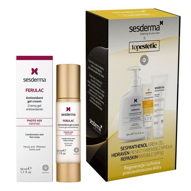 Sesderma Sespanthenol + Hidraven + Repaskin Fluido Invisible + Ferulac Cream - Gel ZESTAW Krem - Żel regeneracyjny 100 ml + Krem do mycia twarzy 300 ml + Emulsja Spf 50+ , 50 ml + Krem - żel 50 ml