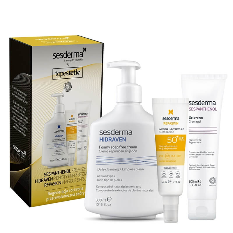 Sesderma Sespanthenol + Hidraven + Repaskin Fluido Invisible ZESTAW Pielęgnacja Pozabiegowa - Regeneracyjna - Krem - Żel regeneracyjny 100 ml + Krem do mycia twarzy 300 ml + Emulsja Spf 50+ , 50 ml