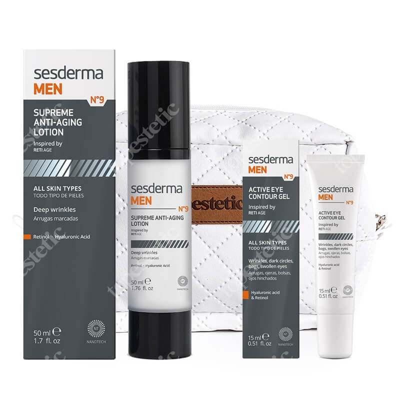 Sesderma MEN N9 Supreme Anti-Aging Lotion + Active Eye Contour Gel + Kosmetyczka Topestetic ZESTAW Krem przeciwzmarszczkowy 50 ml + Żel pod oczy 15 ml + Biała,