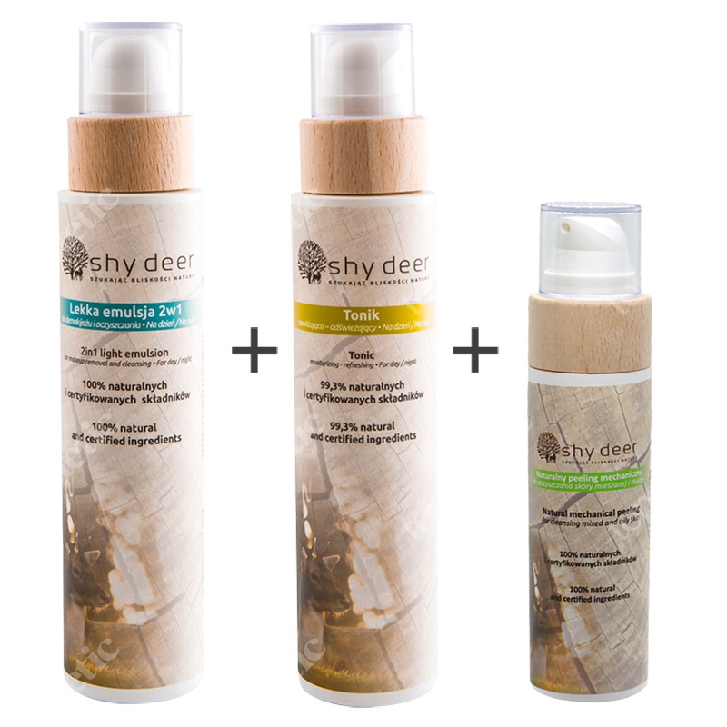 Shy Deer Rytuał Świąteczny Dla Cery Tłustej i Mieszanej 2019 ZESTAW Lekka emulsja 200 ml + Tonik nawilżająco-odświeżający 200 ml + Peeling mechaniczny 100 ml