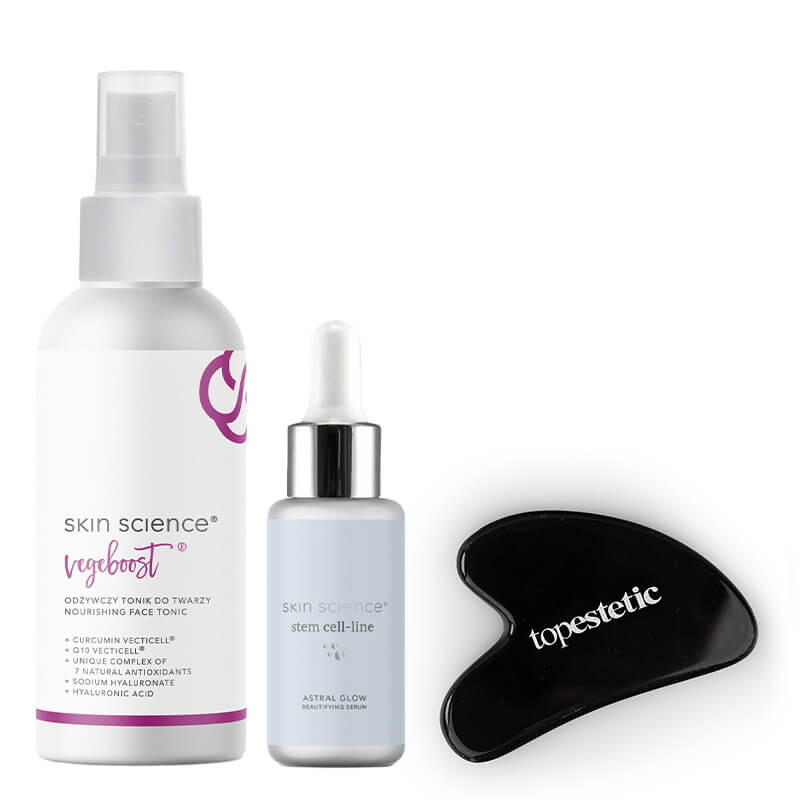 Skin Science Glow Skin ZESTAW Odżywczy tonik do twarzy 150 ml + Emulsyjne serum wygładzające 30 ml + Gua Sha 1 szt