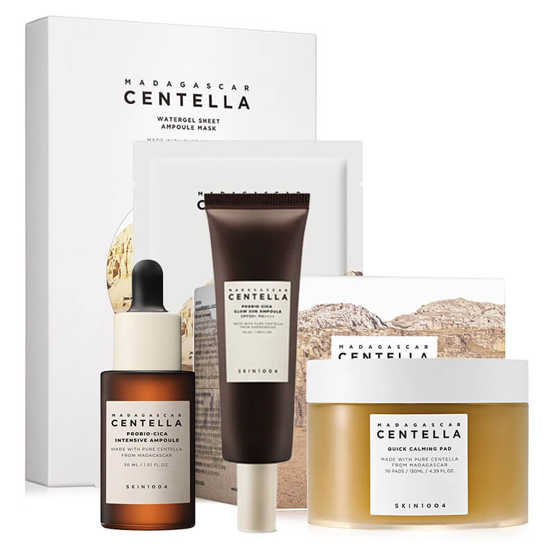 Skin1004 Calming And Glow Skin Set ZESTAW Płatki kojące 70 szt. /130 ml + Serum 30 ml + Krem z filtrem 50 ml + Maska w płachcie z wąkrotą azjatycką 1 szt.