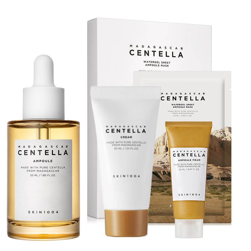 Skin1004 Madagascar Centella Care ZESTAW Oczyszczająca pianka 20 ml + Odżywcze serum 55 ml + Hydrożelowa maska w płachcie 1 szt + Krem nawilżający 30 ml
