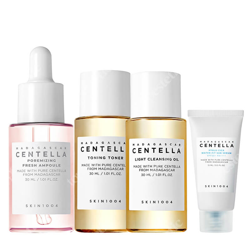 Skin1004 Madagascar Centella Fresh Travel ZESTAW Olejek myjący do twarzy 30 ml + Tonik 30 ml + Serum 30 ml + Krem przeciwsłoneczny 15 ml