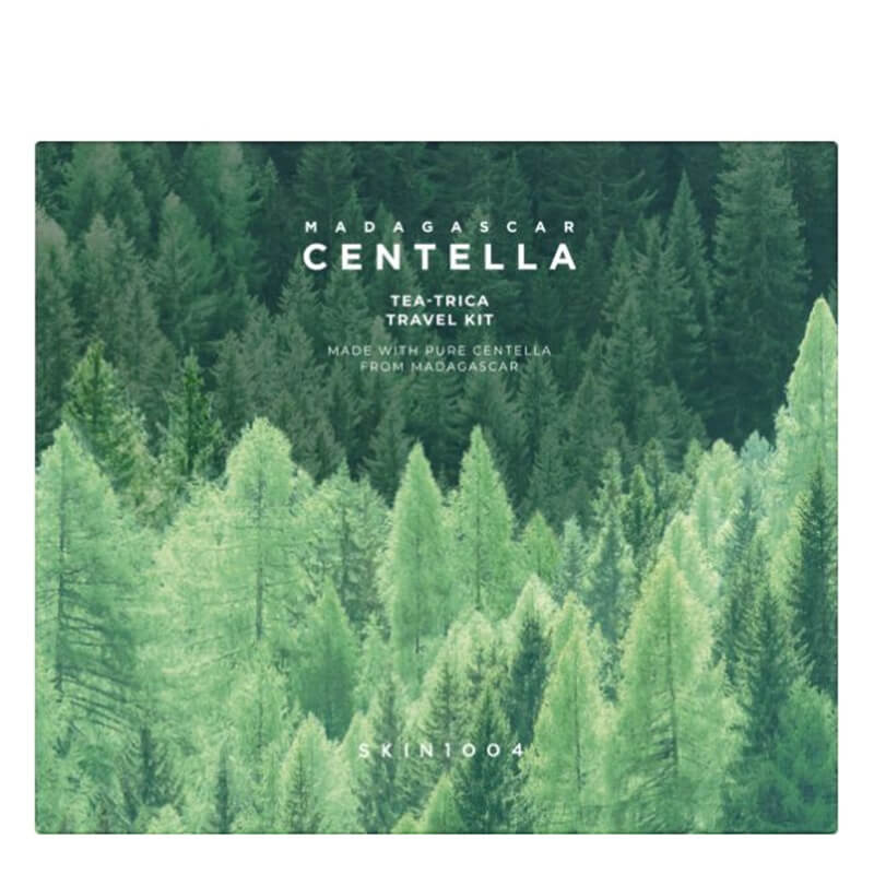 Skin1004 Madagascar Centella Tea-Trica Travel Kit ZESTAW Pianka oczyszczająca 20 ml + Tonik 30 ml + Serum 30 ml + Krem ochronny 30 ml