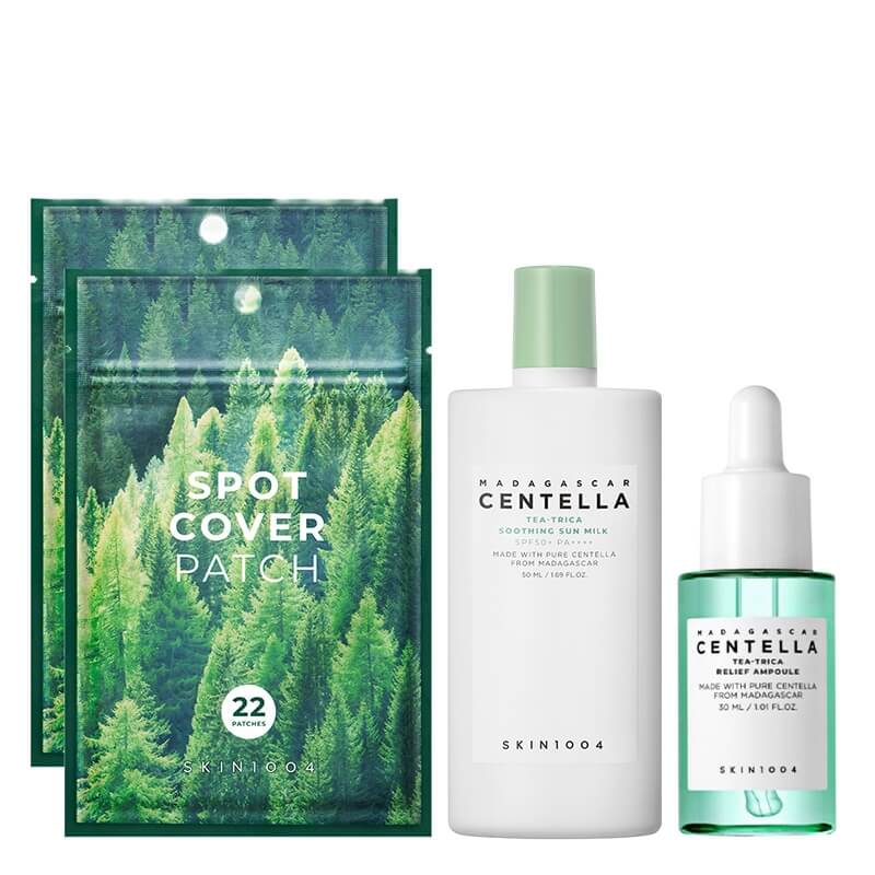 Skin1004 Tea-Trica ZESTAW Serum 30 ml + Lekki krem z filtrem dla cery trądzikowej 50 ml + Plastry na niedoskonałości 2x 22 szt
