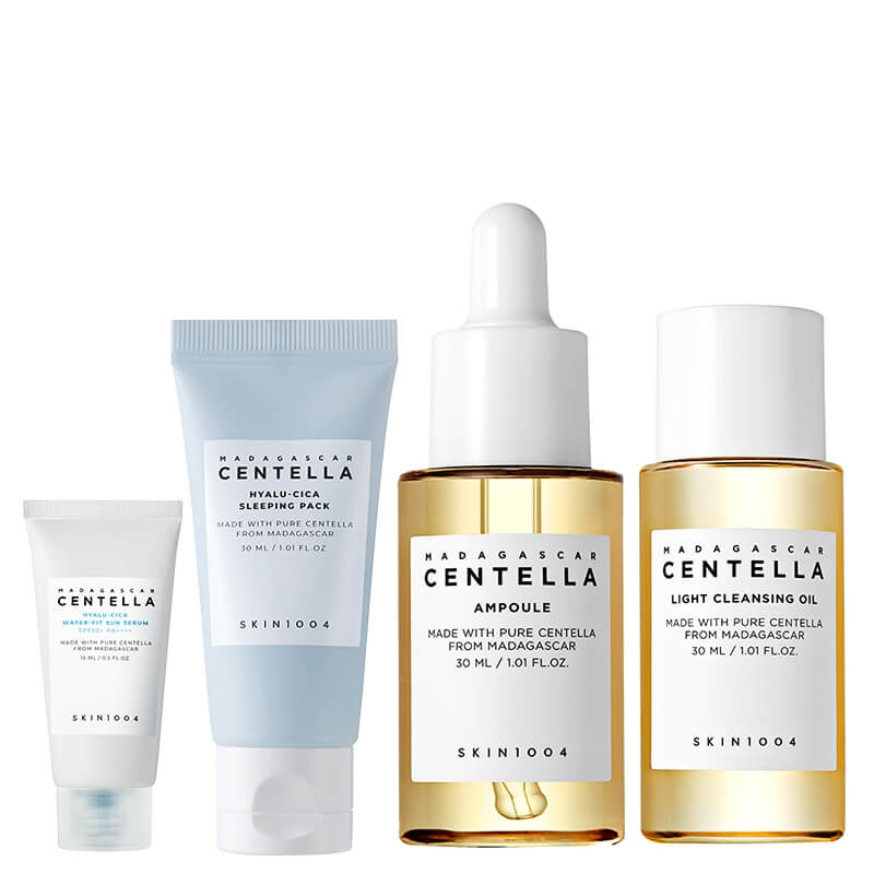 Skin1004 Travel Set ZESTAW Olejek myjący 30 ml + Krem SPF 50 15 ml + Maska na noc 30 ml + Serum 30 ml