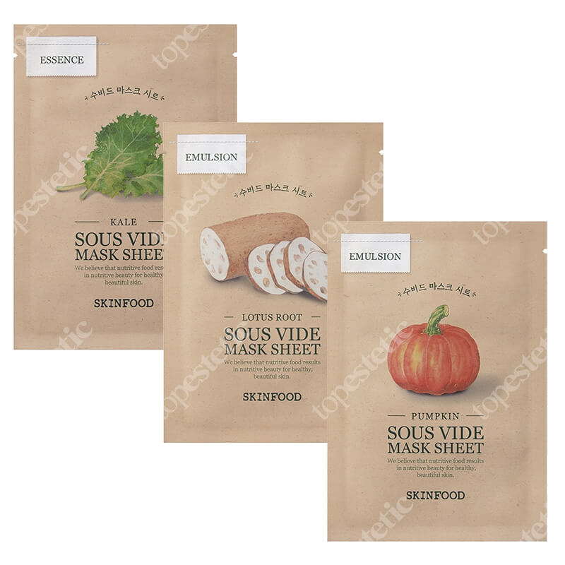 Skinfood Sous Vide Mask Sheet  ZESTAW Dynia 20 g + Korzeń lotosu 20 g + Jarmuż 20 g