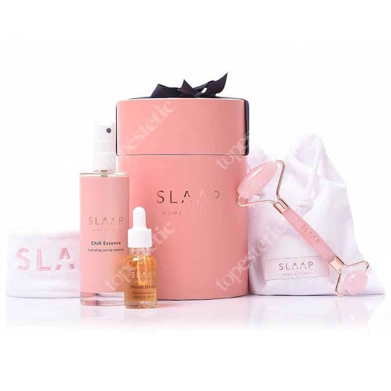 Slaap Moon Drops + Chill Essence + Slaap Rose Quartz ZESTAW Serum olejowe na noc 15 ml + Esencja tonizująca 100ml + Roller do masażu twarzy 1 szt + Opaska 1 szt