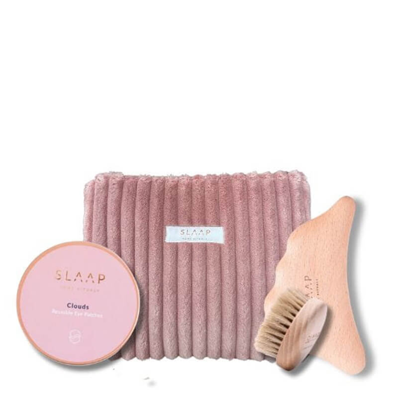 Slaap Snooze and Smooth ZESTAW Wielorazowe płatki pod oczy 2 szt + Płytka do ciała 1 szt + Szczotka do masażu 1 szt + kosmetyczka 1 szt