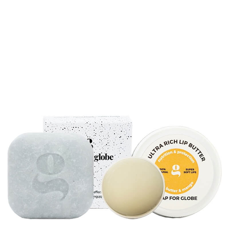 Soap For Globe Day Care ZESTAW Kostka myjąca - peelingująca 1 szt. + Masełko do ust mango 15g. + <asło do ciała z olejem kokosowym 180 ml + Puszka M 1 szt