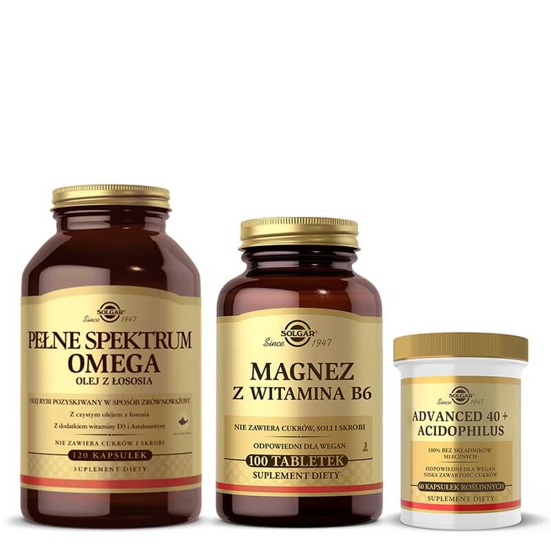 Solgar Advanced 40+ Acidophilus + Magnez z Witaminą B6 + Pełne Spektrum Omega ZESTAW Jelitowa flora bakteryjna 60 kapsułek + 100 tabletek + Olej z łososia 120 kapsułek