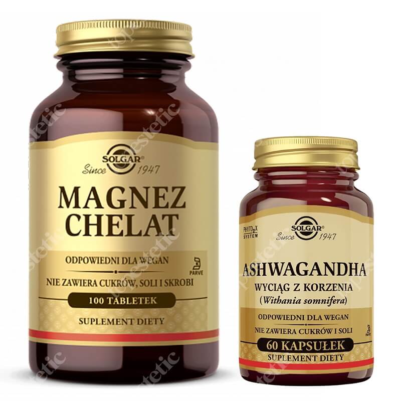 Solgar Ashwagandha + Magnez Chelat Aminokwasowy ZESTAW Wyciąg z korzenia (Witania Ospała) 60 kaps. + Zapewniający najlepszą wchłanialność 100 tabletek