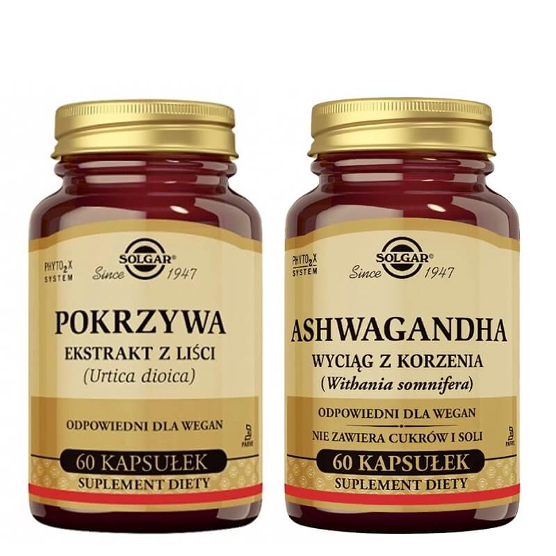 Solgar Ashwagandha + Pokrzywa ZESTAW Wyciąg z korzenia (Witania Ospała) 60 kaps. + Ekstrakt z liści 60 kapsułek
