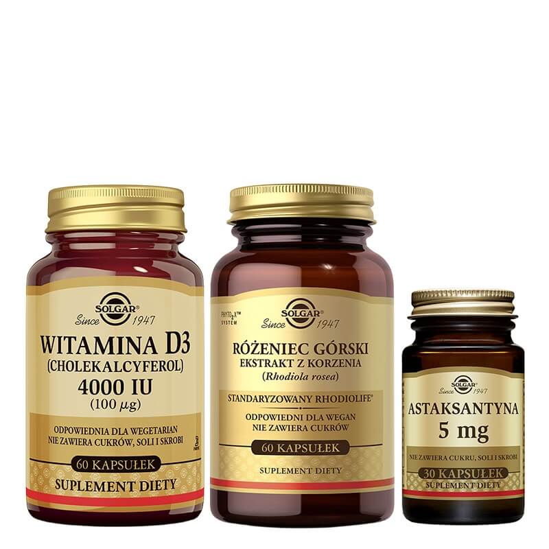 Solgar Astaksantyna + Różeniec górski + Witamina D3 4000 IU (100ug) ZESTAW 30 kaps. + Ekstrakt z korzenia 60 kapsułek + Cholekalcyferol 60 kaps.