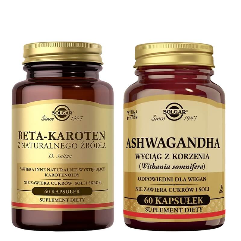 Solgar Beta-karoten z naturalnego źródła + Ashwagandha ZESTAW D. salina 60 kapsułek + Wyciąg z korzenia (Witania Ospała) 60 kaps.
