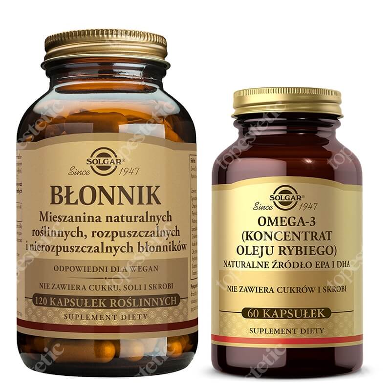 Solgar Błonnik + Omega 3 ZESTAW Mieszanina naturalnych rozpuszczalnych i nierozpuszczalnych błonników 120 kapsułek + Naturalne źródło EPA i DHA. Koncentrat Oleju Rybi