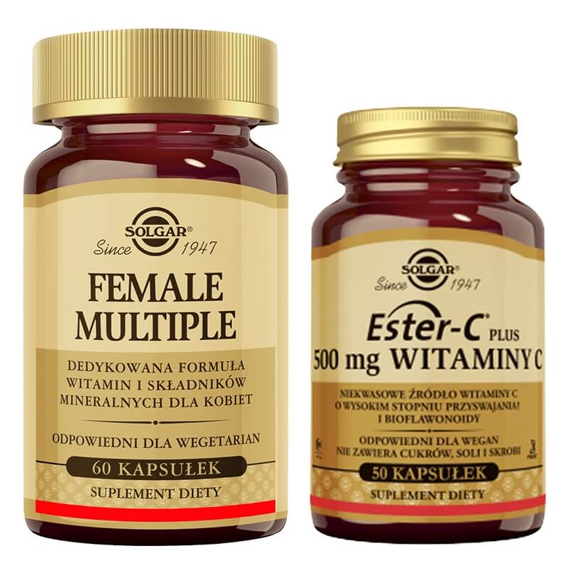 Solgar Ester-C Plus + Female Multiple ZESTAW Wysoko przyswajalne niekwasowe źródło witaminy C i bioflawonoidy 50 kapsułek + Formuła witamin i minerałów dla kobiet 60 tabletek