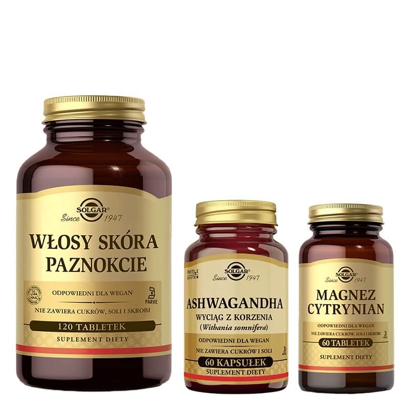 Solgar Favorite Set ZESTAW Włosy, Skóra, Paznokcie 120 tabletek + Magnez Cytrynian 60 tabletek + Ashwagandha 60 kaps
