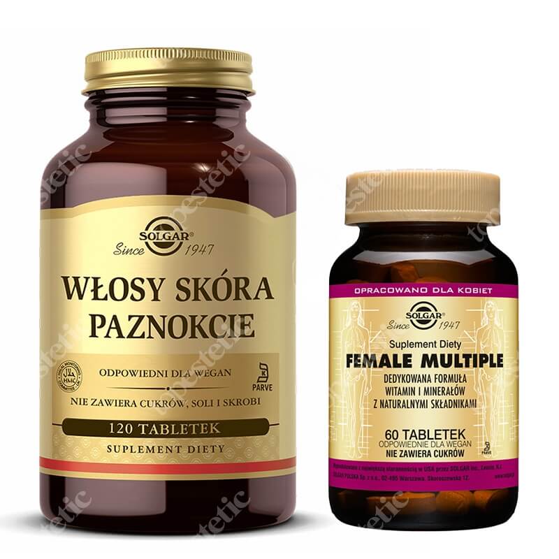 Solgar Female Multiple + Włosy, Skóra, Paznokcie (WSP) ZESTAW Wysoce skuteczna formuła witamin i minerałów dla kobiet 60 tabletek + Zaawansowana formuła odżywcza 120 tabletek