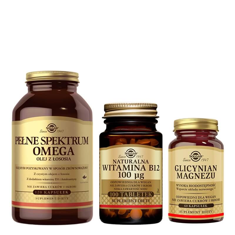 Solgar Glicynian Magnezu + Pełne Spektrum Omega + Witamina B12 100 μg ZESTAW Suplement diety 60 kaps. + Olej z łososia 120 kapsułek + 100 tabletek