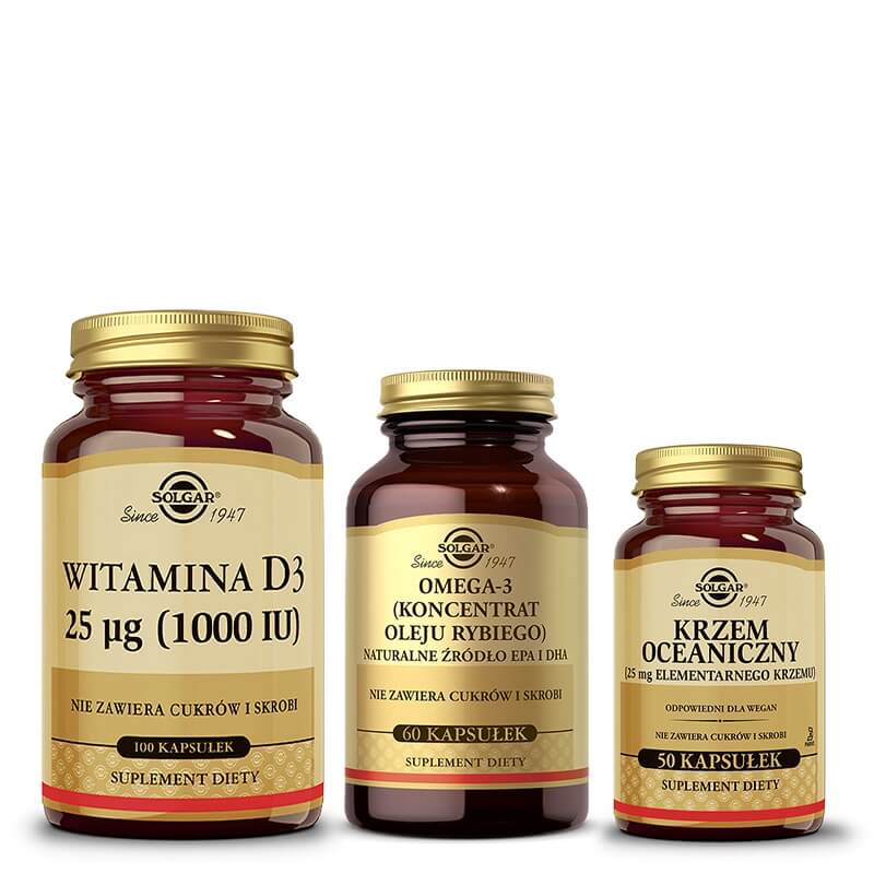 Solgar Healthy Set ZESTAW Krzem oceaniczny 50 kapsułek + Omega 3 60 kapsułek + Witamina D3, 25 µg (1000 IU) 100 kapsułek