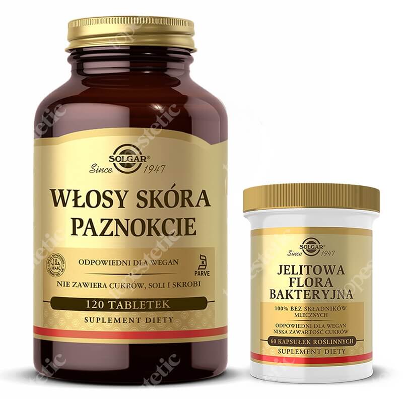 Solgar Jelitowa Flora Bakteryjna + Włosy, Skóra, Paznokcie (WSP) ZESTAW Sprawdzona formuła probiotyczna – 100% bez produktów mlecznych 60 kapsułek + Zaawansowana formuła odżywcza 120 tabletek
