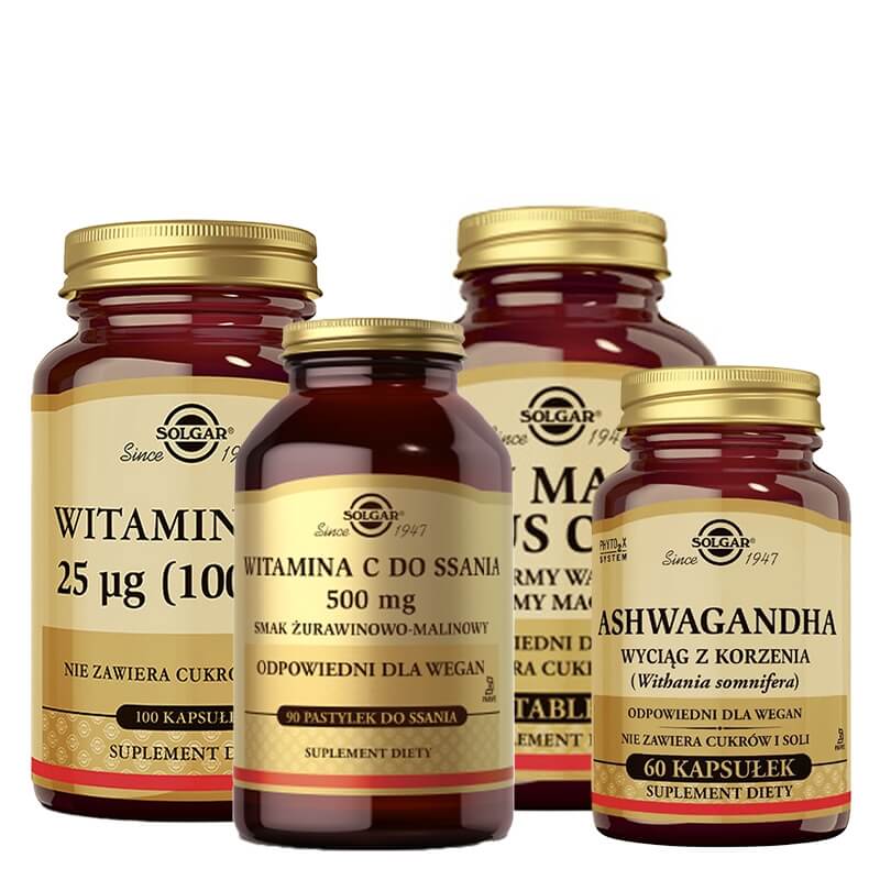 Solgar Kompleksowe Wsparcie Odporności ZESTAW Witamina C do ssania 90 pastylek + Wapń, Magnez, Cynk 100 tabletek + Witamina D3 100 kapsułek + Ashwagandha 60 kaps.