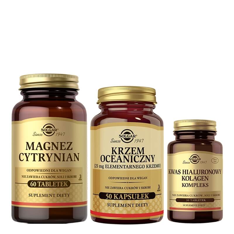 Solgar Krzem oceaniczny + Magnez Cytrynian + Kwas Hialuronowy Kolagen Kompleks ZESTAW 25 mg elementarnego krzemu 50 kapsułek + Suplement diety 60 tabletek + 30 tabletek